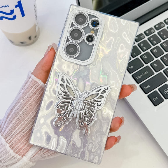 For Samsung Galaxy S25 Ultra 5G Plating Glitter Texture Butterfly Holder TPU Phone Case with Lens Film(White Wrinkles)