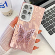 For Samsung Galaxy S25 Ultra 5G Plating Glitter Texture Butterfly Holder TPU Phone Case with Lens Film(Pink Wrinkles) - Galaxy S25 Ultra 5G Cases by PMC Jewellery | Online Shopping South Africa | PMC Jewellery | Buy Now Pay Later Mobicred