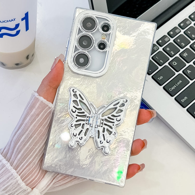 For Samsung Galaxy S25 Ultra 5G Plating Glitter Texture Butterfly Holder TPU Phone Case with Lens Film(White Tinfoil Texture) - Galaxy S25 Ultra 5G Cases by PMC Jewellery | Online Shopping South Africa | PMC Jewellery | Buy Now Pay Later Mobicred