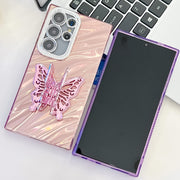 For Samsung Galaxy S25 Ultra 5G Plating Glitter Texture Butterfly Holder TPU Phone Case with Lens Film(Pink Tinfoil Texture)
