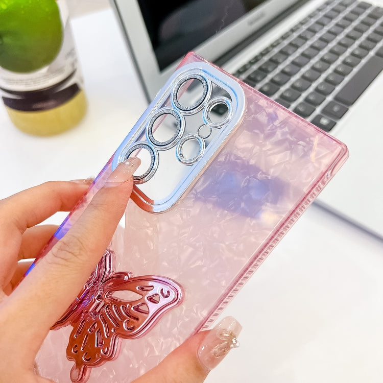For Samsung Galaxy S25 Ultra 5G Plating Glitter Texture Butterfly Holder TPU Phone Case with Lens Film(Pink Tinfoil Texture)