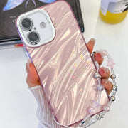 For iPhone 16 Plus Plating Glitter Texture Chain Wristband TPU Phone Case with Lens Film(Pink Water Ripples)