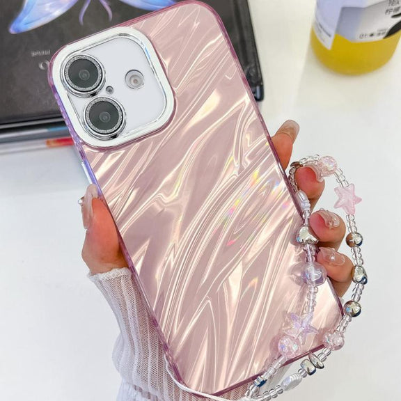 For iPhone 16 Plus Plating Glitter Texture Chain Wristband TPU Phone Case with Lens Film(Pink Water Ripples)