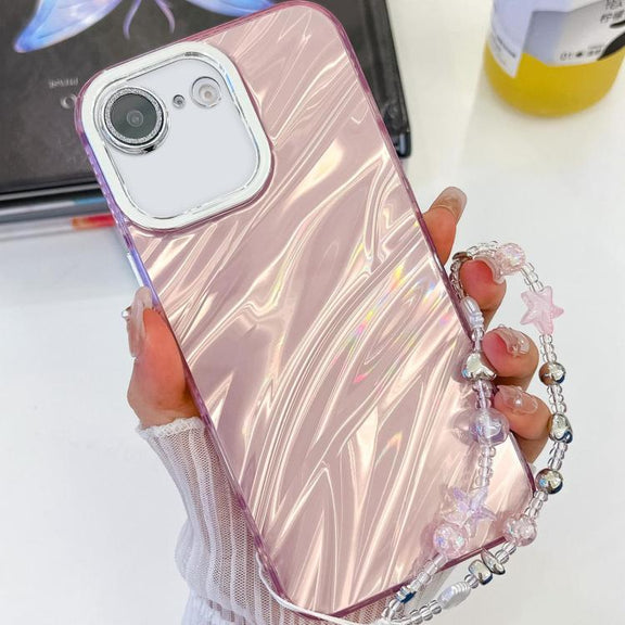 For iPhone 16e Plating Glitter Texture Chain Wristband TPU Phone Case with Lens Film(Pink Water Ripples)