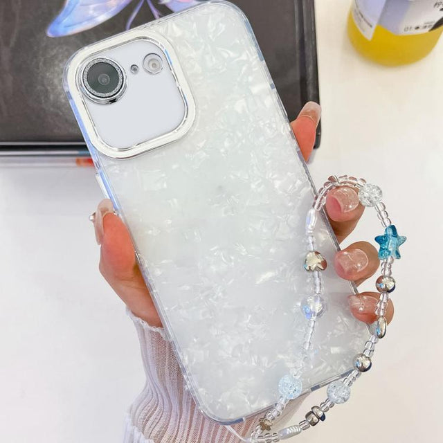 For iPhone 16e Plating Glitter Texture Chain Wristband TPU Phone Case with Lens Film(White Shell Pattern)
