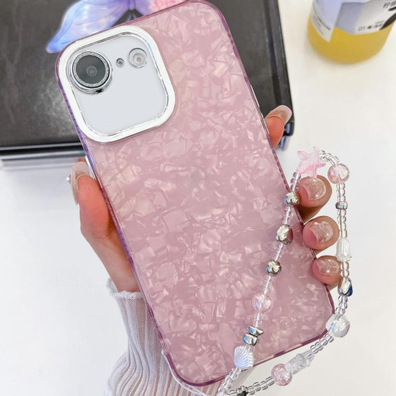For iPhone 16e Plating Glitter Texture Chain Wristband TPU Phone Case with Lens Film(Pink Shell Pattern)