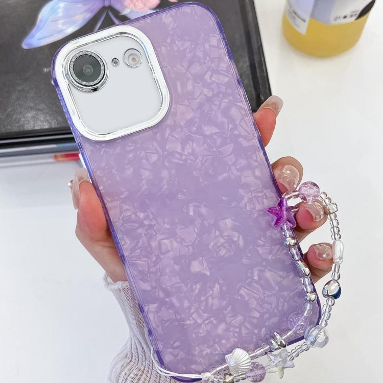 For iPhone 16e Plating Glitter Texture Chain Wristband TPU Phone Case with Lens Film(Purple Shell Pattern) - iPhone 16e Cases by PMC TechLife | Online Shopping South Africa | PMC TechLife | Buy Now Pay Later Mobicred