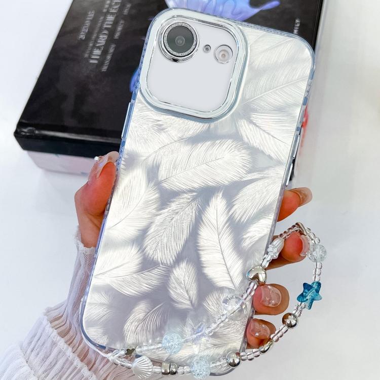 For iPhone 16e Plating Glitter Texture Chain Wristband TPU Phone Case with Lens Film(White Feathers) - iPhone 16e Cases by PMC TechLife | Online Shopping South Africa | PMC TechLife | Buy Now Pay Later Mobicred
