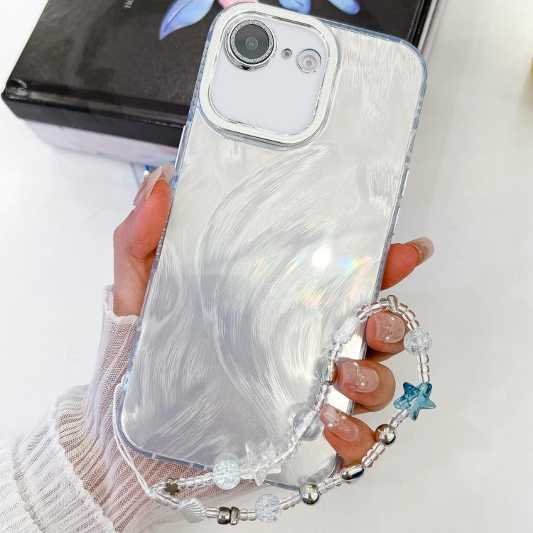 For iPhone 16e Plating Glitter Texture Chain Wristband TPU Phone Case with Lens Film(White Feather Yarn) - iPhone 16e Cases by PMC TechLife | Online Shopping South Africa | PMC TechLife | Buy Now Pay Later Mobicred