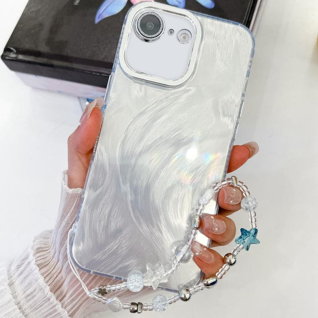 For iPhone 16e Plating Glitter Texture Chain Wristband TPU Phone Case with Lens Film(White Feather Yarn)