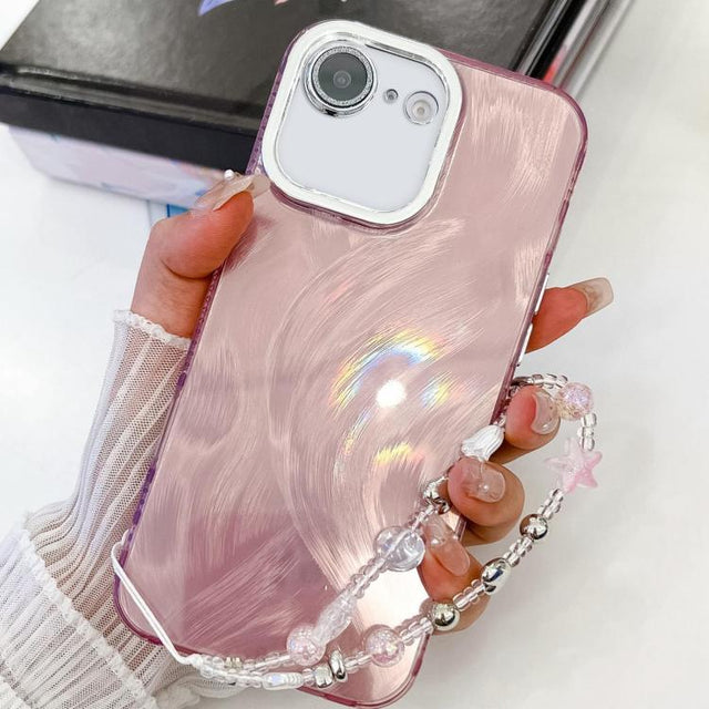 For iPhone 16e Plating Glitter Texture Chain Wristband TPU Phone Case with Lens Film(Pink Feather Yarn)