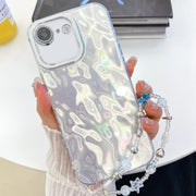 For iPhone 16e Plating Glitter Texture Chain Wristband TPU Phone Case with Lens Film(White Wrinkles)