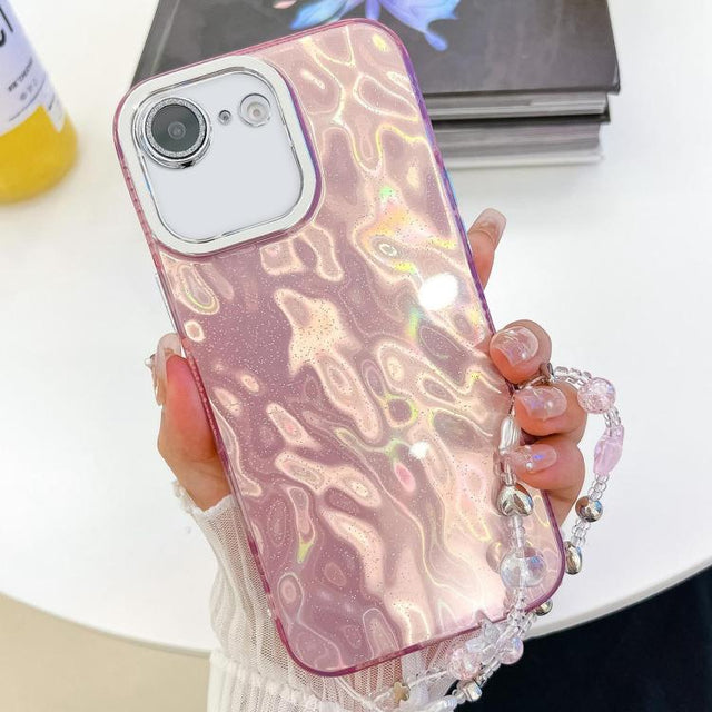 For iPhone 16e Plating Glitter Texture Chain Wristband TPU Phone Case with Lens Film(Pink Wrinkles)