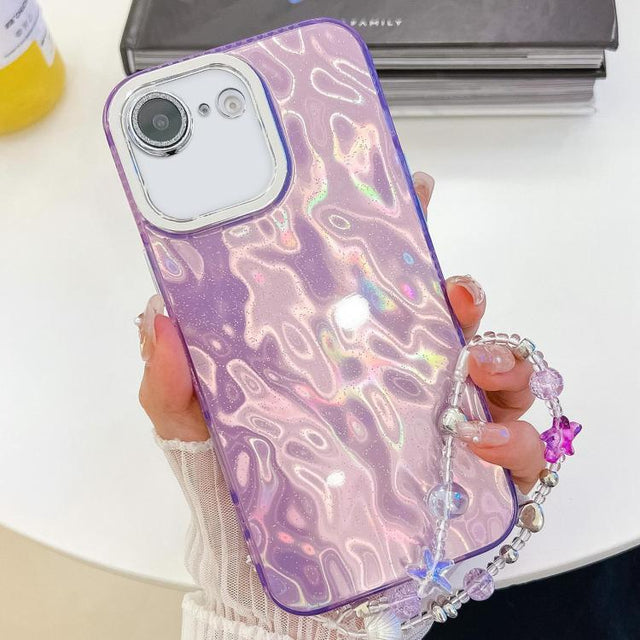 For iPhone 16e Plating Glitter Texture Chain Wristband TPU Phone Case with Lens Film(Purple Wrinkles)