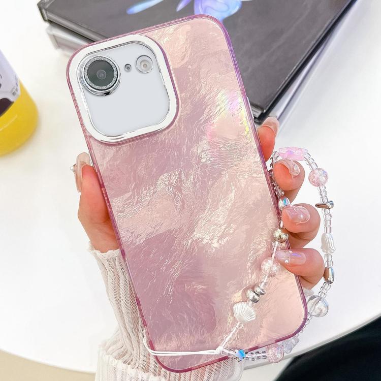 For iPhone 16e Plating Glitter Texture Chain Wristband TPU Phone Case with Lens Film(Pink Tinfoil Texture) - iPhone 16e Cases by PMC TechLife | Online Shopping South Africa | PMC TechLife | Buy Now Pay Later Mobicred