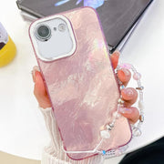 For iPhone 16e Plating Glitter Texture Chain Wristband TPU Phone Case with Lens Film(Pink Tinfoil Texture)