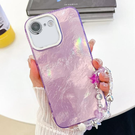 For iPhone 16e Plating Glitter Texture Chain Wristband TPU Phone Case with Lens Film(Purple Tinfoil Texture)