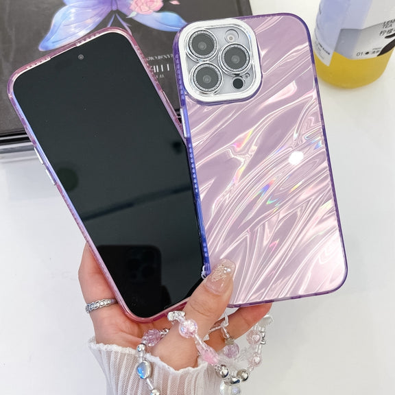 For iPhone 16e Plating Glitter Texture Chain Wristband TPU Phone Case with Lens Film(Pink Tinfoil Texture)