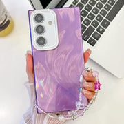For Samsung Galaxy S25 5G Plating Glitter Texture Chain Wristband TPU Phone Case with Lens Film(Purple Feather Yarn)