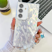 For Samsung Galaxy S25 5G Plating Glitter Texture Chain Wristband TPU Phone Case with Lens Film(White Wrinkles)