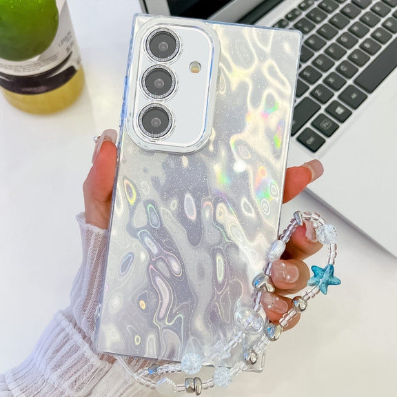 For Samsung Galaxy S25 5G Plating Glitter Texture Chain Wristband TPU Phone Case with Lens Film(White Wrinkles)