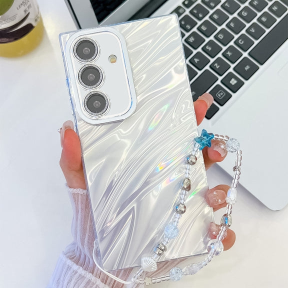 For Samsung Galaxy S25+ 5G Plating Glitter Texture Chain Wristband TPU Phone Case with Lens Film(White Water Ripples)