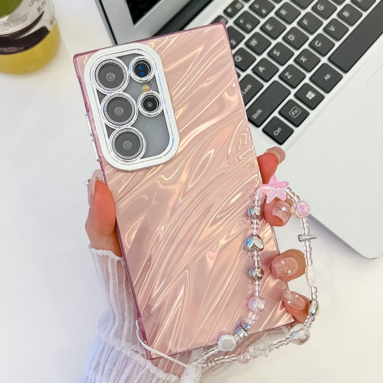 For Samsung Galaxy S25 Ultra 5G Plating Glitter Texture Chain Wristband TPU Phone Case with Lens Film(Pink Water Ripples) - free shipping - PMC Jewellery - Order now!