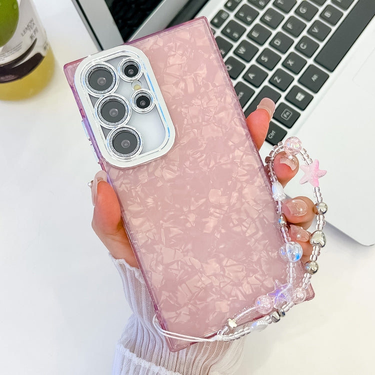 For Samsung Galaxy S25 Ultra 5G Plating Glitter Texture Chain Wristband TPU Phone Case with Lens Film(Pink Shell Pattern) - Galaxy S25 Ultra 5G Cases by PMC Jewellery | Online Shopping South Africa | PMC Jewellery | Buy Now Pay Later Mobicred
