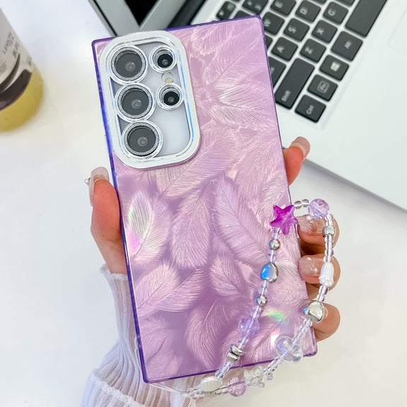 For Samsung Galaxy S25 Ultra 5G Plating Glitter Texture Chain Wristband TPU Phone Case with Lens Film(Purple Feathers)