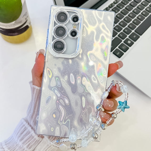 For Samsung Galaxy S25 Ultra 5G Plating Glitter Texture Chain Wristband TPU Phone Case with Lens Film(White Wrinkles)