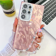 For Samsung Galaxy S25 Ultra 5G Plating Glitter Texture Chain Wristband TPU Phone Case with Lens Film(Pink Wrinkles)