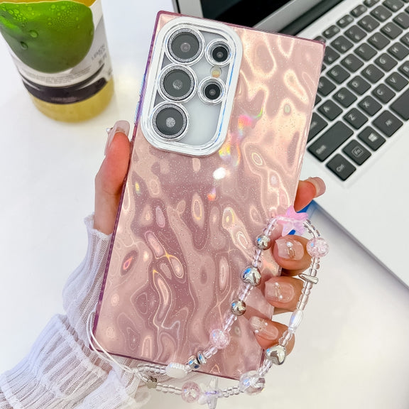 For Samsung Galaxy S25 Ultra 5G Plating Glitter Texture Chain Wristband TPU Phone Case with Lens Film(Pink Wrinkles)