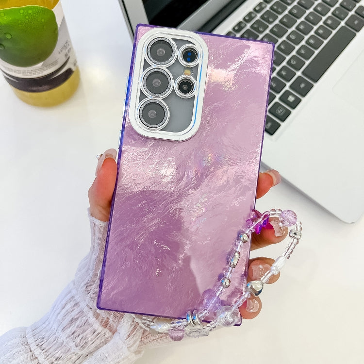 For Samsung Galaxy S25 Ultra 5G Plating Glitter Texture Chain Wristband TPU Phone Case with Lens Film(Purple Tinfoil Texture) - free shipping - PMC Jewellery - Order now!