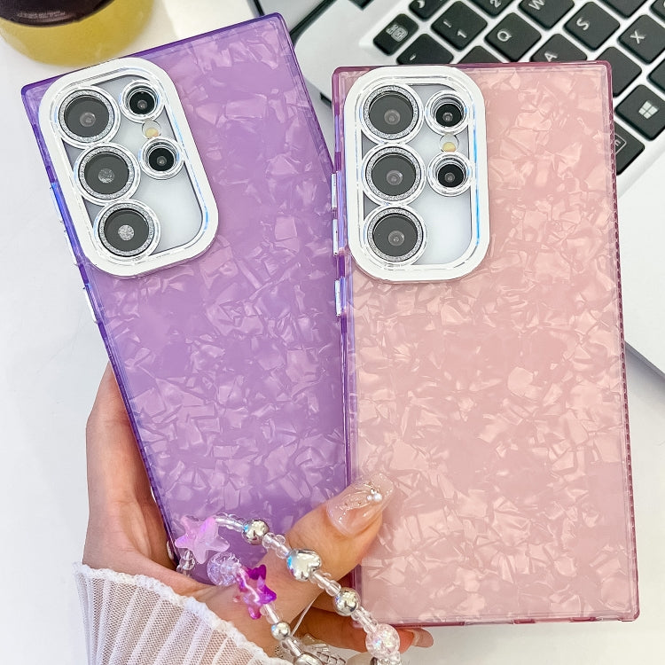 For Samsung Galaxy S25 Ultra 5G Plating Glitter Texture Chain Wristband TPU Phone Case with Lens Film(Pink Wrinkles)