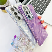 For Samsung Galaxy S25 Ultra 5G Plating Glitter Texture Chain Wristband TPU Phone Case with Lens Film(Pink Wrinkles)