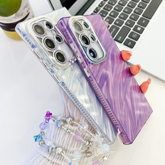 For Samsung Galaxy S25 Ultra 5G Plating Glitter Texture Chain Wristband TPU Phone Case with Lens Film(Pink Wrinkles)
