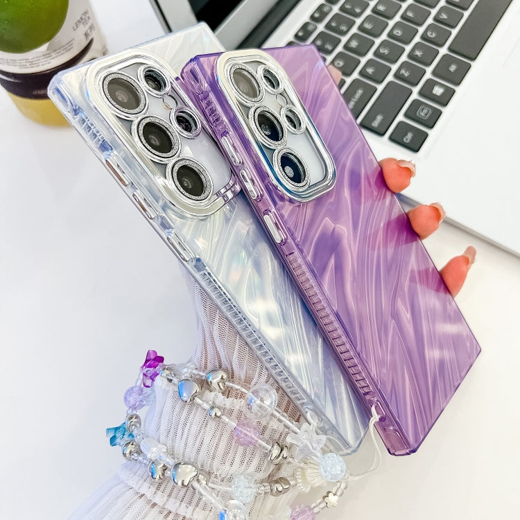 For Samsung Galaxy S25 Ultra 5G Plating Glitter Texture Chain Wristband TPU Phone Case with Lens Film(Pink Wrinkles)