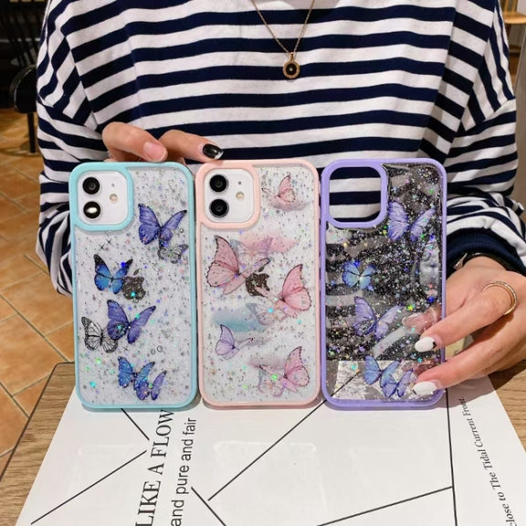 For iPhone 16 Pro Color Butterfly Glitter Epoxy TPU Phone Case(Pink)