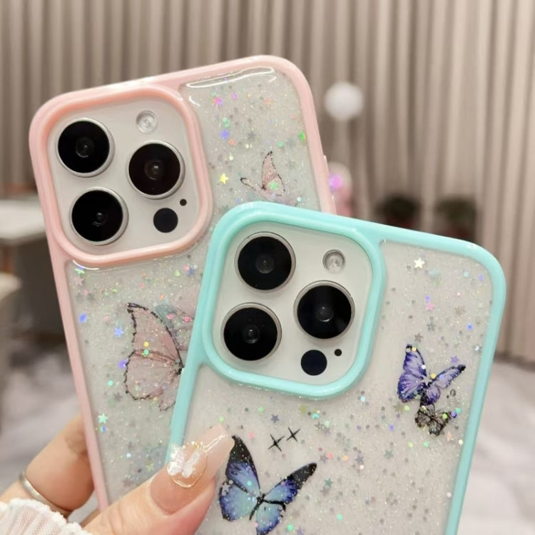 For iPhone 16 Pro Max Color Butterfly Glitter Epoxy TPU Phone Case(Green)