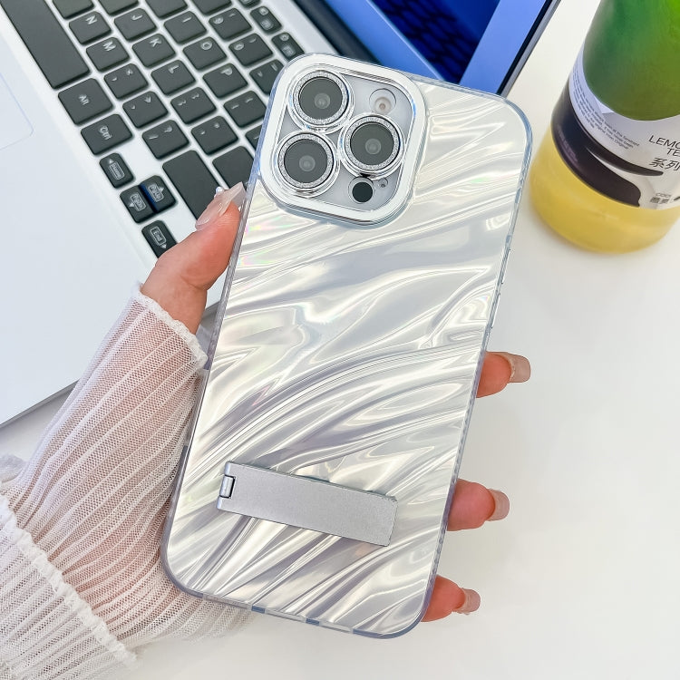For iPhone 16 Pro Max Plating Glitter Texture Fold Holder TPU Phone Case with Lens Film(White Water Ripples) - iPhone 16 Pro Max Cases by PMC TechLife | Online Shopping South Africa | PMC TechLife | Buy Now Pay Later Mobicred