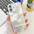 For iPhone 16 Plating Glitter Texture Fold Holder TPU Phone Case with Lens Film(White Tinfoil Texture) - iPhone 16 Cases by PMC TechLife | Online Shopping South Africa | PMC TechLife | Buy Now Pay Later Mobicred
