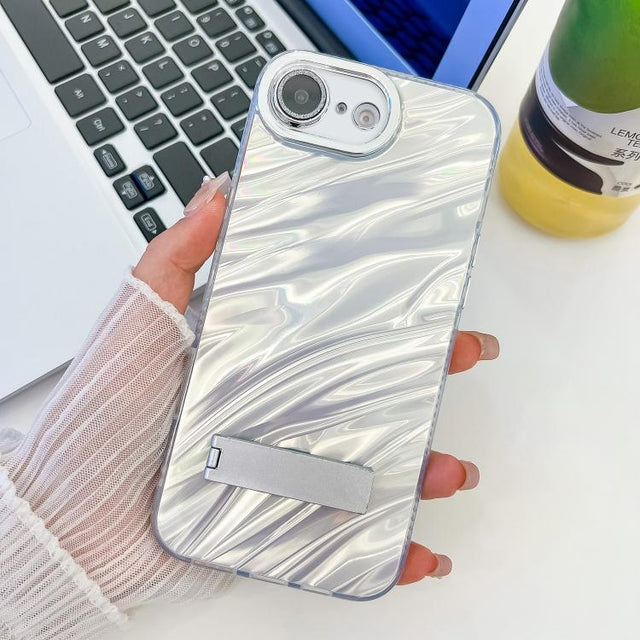 For iPhone 16e Plating Glitter Texture Fold Holder TPU Phone Case with Lens Film(White Water Ripples)