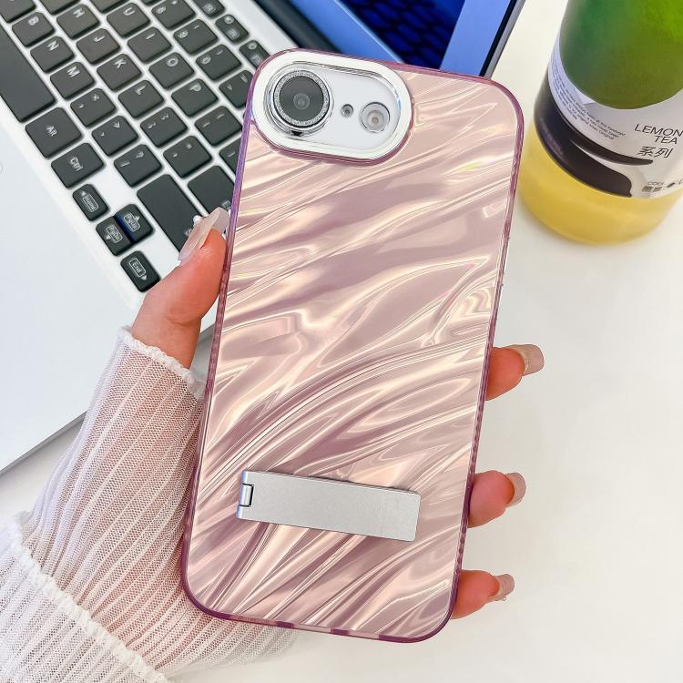 For iPhone 16e Plating Glitter Texture Fold Holder TPU Phone Case with Lens Film(Pink Water Ripples) - iPhone 16e Cases by PMC TechLife | Online Shopping South Africa | PMC TechLife | Buy Now Pay Later Mobicred