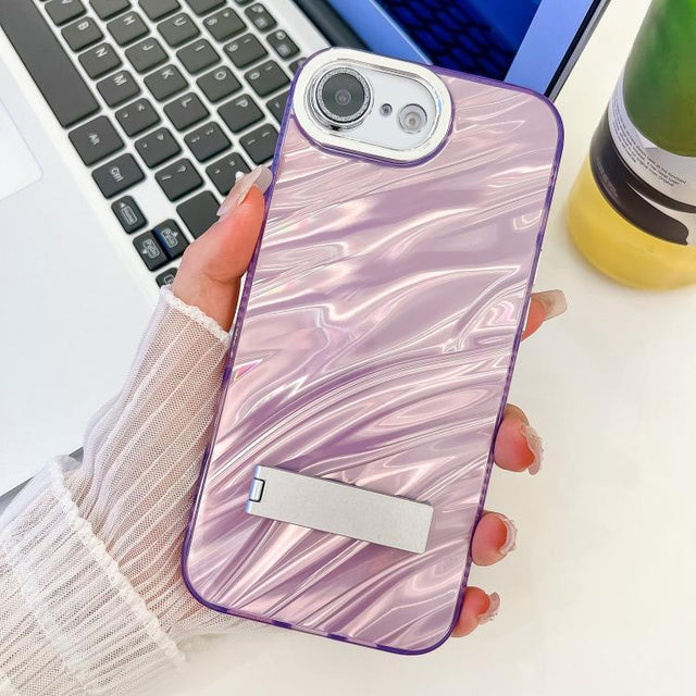 For iPhone 16e Plating Glitter Texture Fold Holder TPU Phone Case with Lens Film(Purple Water Ripples)