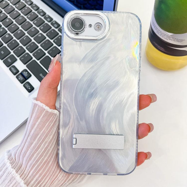 For iPhone 16e Plating Glitter Texture Fold Holder TPU Phone Case with Lens Film(White Feather Yarn)