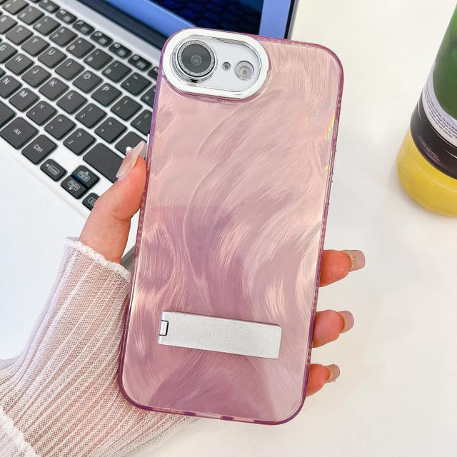 For iPhone 16e Plating Glitter Texture Fold Holder TPU Phone Case with Lens Film(Pink Feather Yarn)