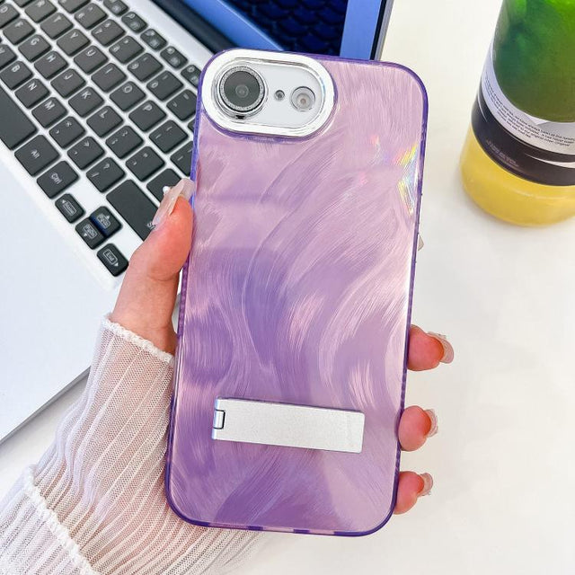 For iPhone 16e Plating Glitter Texture Fold Holder TPU Phone Case with Lens Film(Purple Feather Yarn)