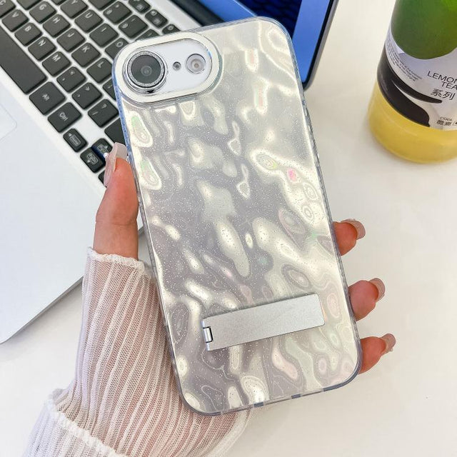For iPhone 16e Plating Glitter Texture Fold Holder TPU Phone Case with Lens Film(White Wrinkles)