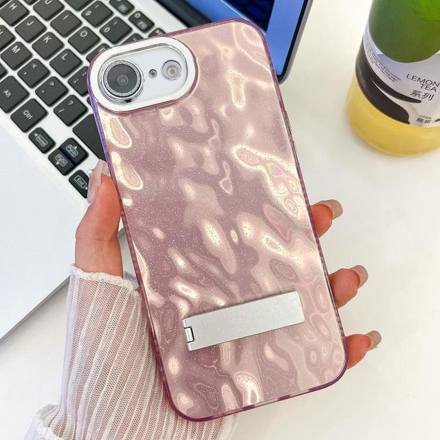 For iPhone 16e Plating Glitter Texture Fold Holder TPU Phone Case with Lens Film(Pink Wrinkles)