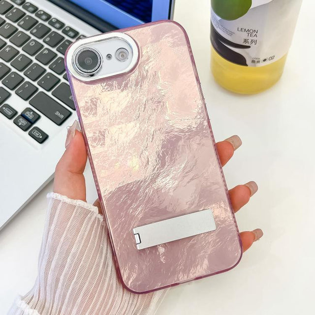 For iPhone 16e Plating Glitter Texture Fold Holder TPU Phone Case with Lens Film(Pink Tinfoil Texture)